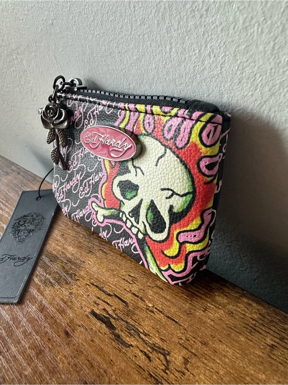 Ed Hardy Black Pink Skull Zip Pouch Wallet Bag Charm Keychain Metal Logo NWT